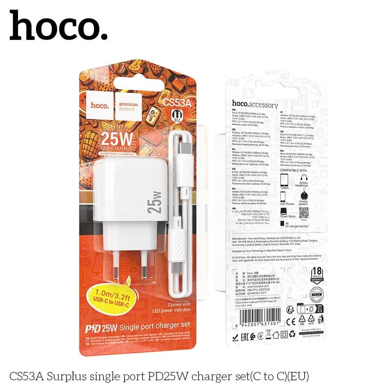 Bộ sạc kèm dây Hoco CS53A Type-C to Type-C 25W
