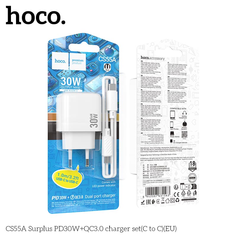 Bộ sạc kèm dây Hoco CS55A Type-C to Type-C 30W