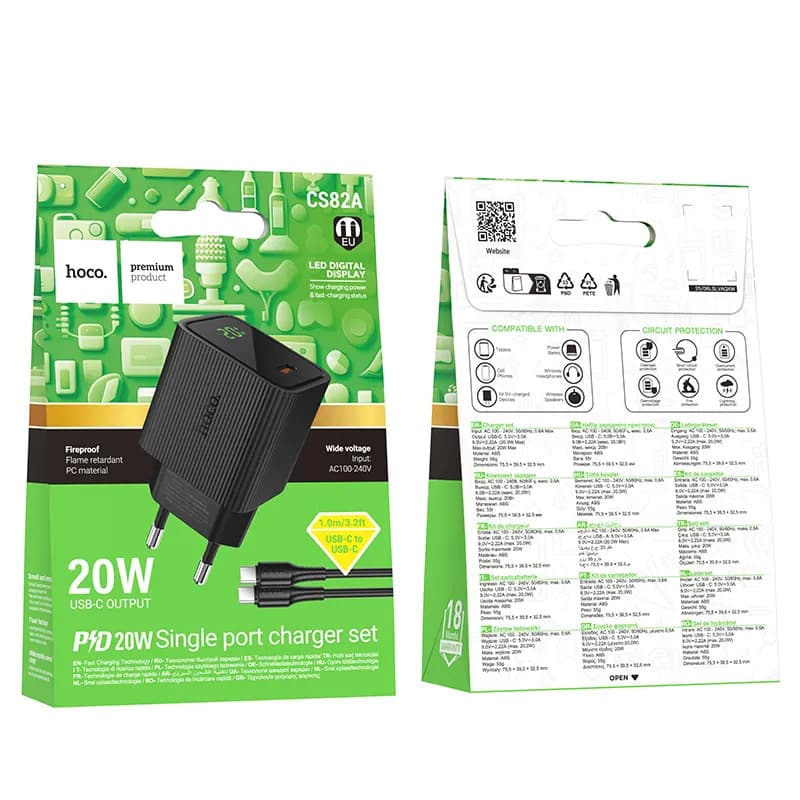 Bộ Sạc Kèm Dây C to C Hoco CS82A Excellent PD20W với màn hình kỹ thuật số (EU)