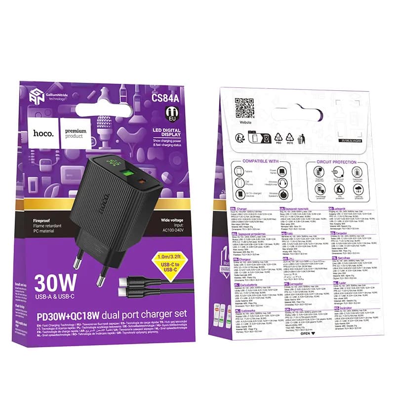 Bộ Sạc Kèm Dây C to C Hoco CS84A Excellent PD30W+QC3.0 với màn hình kỹ thuật số (EU)