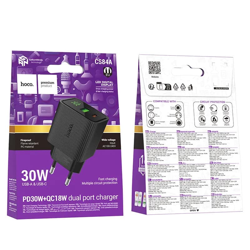 Củ Sạc PD30W+QC3.0 Hoco CS84A Excellent với màn hình kỹ thuật số (EU)