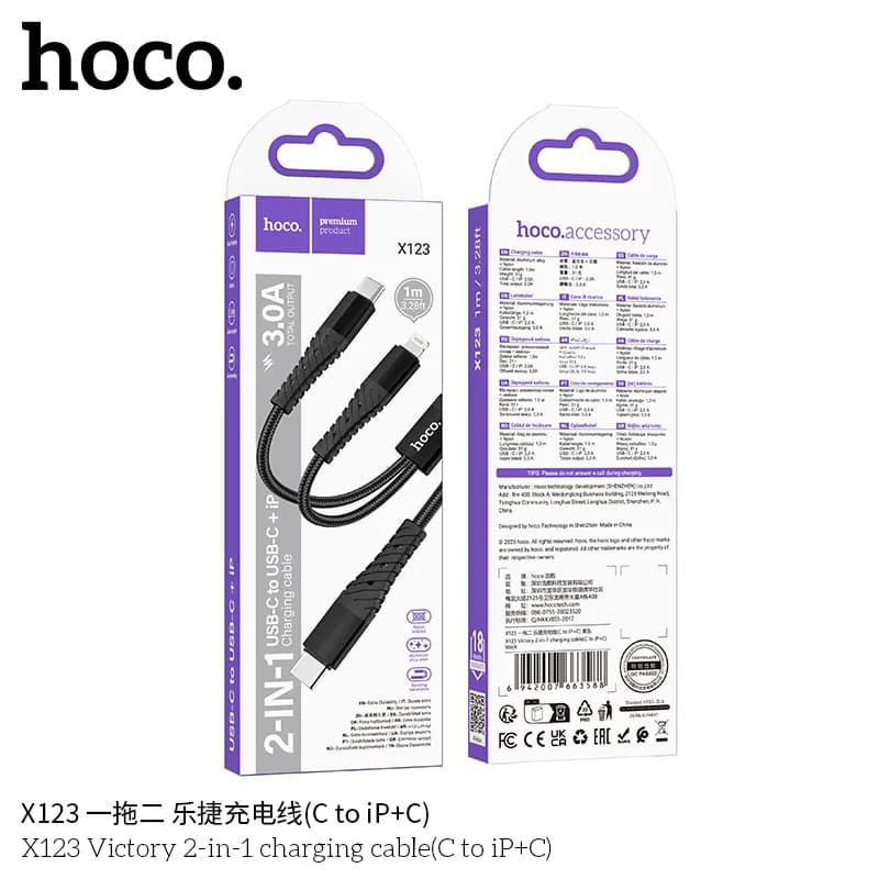Cáp Sạc 2-in-1 Hoco X123 Victory C to iP+C