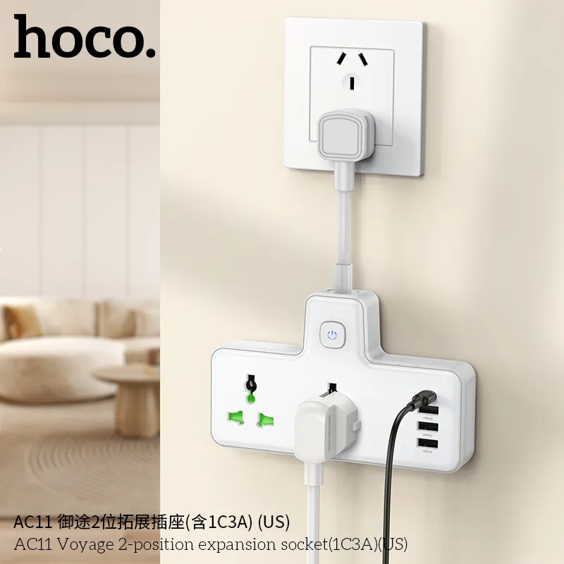 Ổ Cắm Thông Minh Hoco AC11 Voyage 2 cổng (1C3A) (US) thiết kế hiện đại, nhỏ gọn, phù hợp mọi không gian