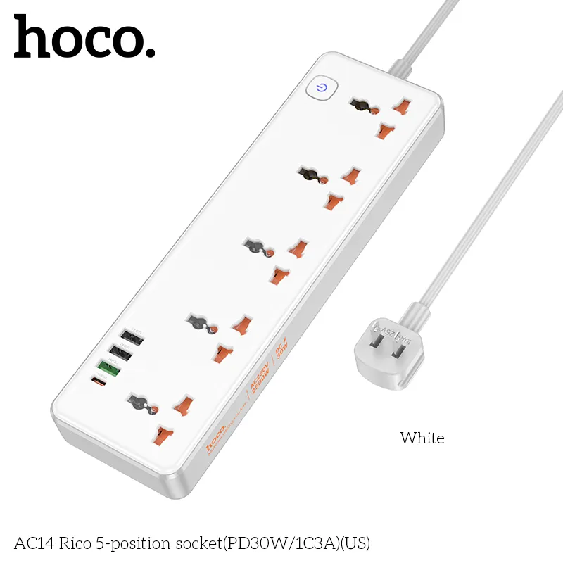 Ổ Cắm Thông Minh Hoco AC14 Rico 5 cổng PD30W (1C3A) (US) với thiết kế hiện đại và bền bỉ