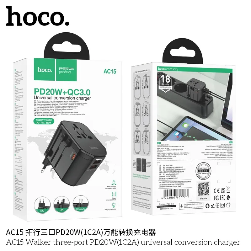Ổ Cắm Thông Minh Hoco AC15 Walker 3 cổng PD20W (1C2A) mô tả chung tiện lợi