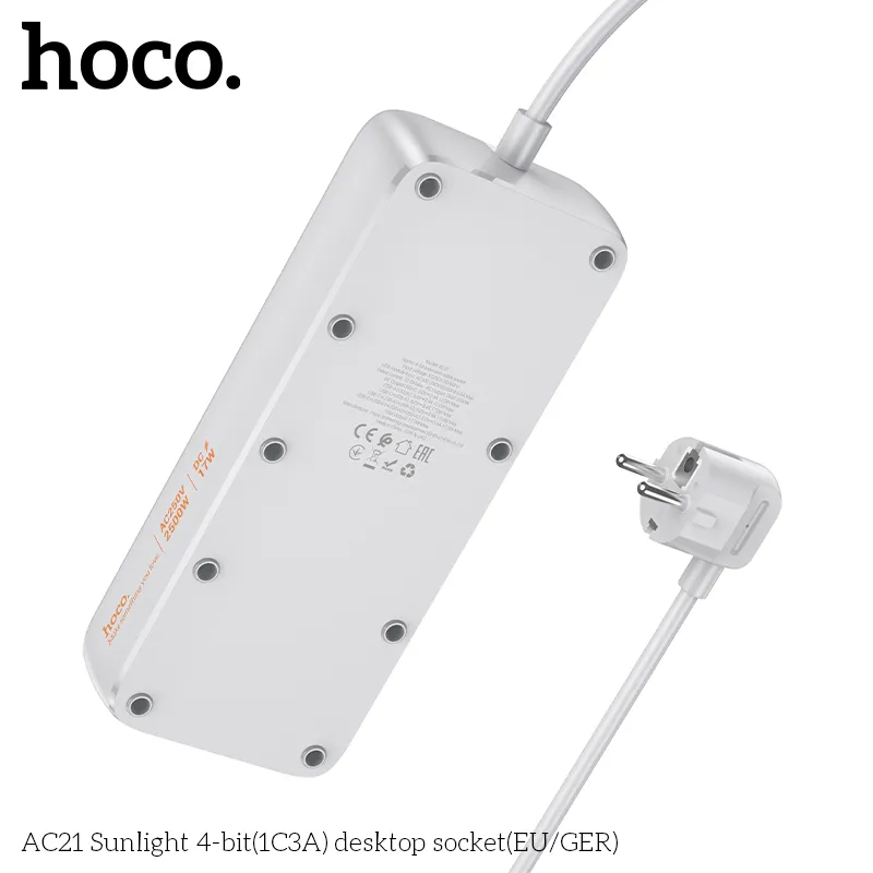 Ổ cắm thông minh Hoco AC21 có 4 cổng tiện lợi gồm Type-C và USB-A