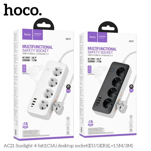 Ổ Cắm Thông Minh Hoco AC21 Sunlight 4 cổng (1C3A) (EU/GER) (L=3M)