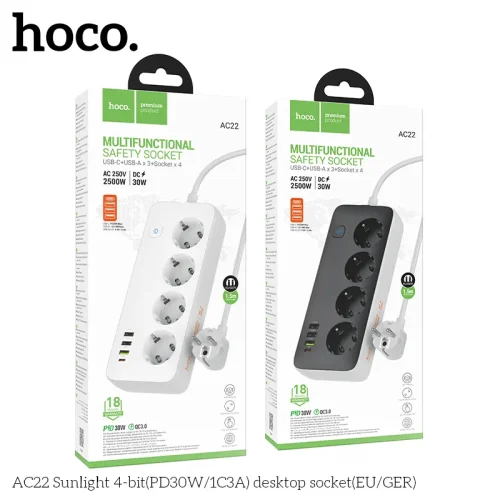 Ổ Cắm Thông Minh Hoco AC22 Sunlight 4 cổng PD30W (1C3A) (EU/GER)