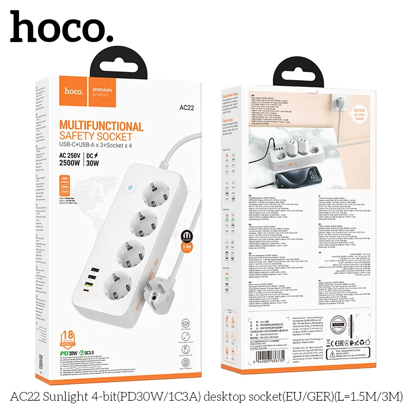 Ổ cắm thông minh Hoco AC22 Sunlight 4 cổng thiết kế hiện đại, tiện dụng cho gia đình và văn phòng