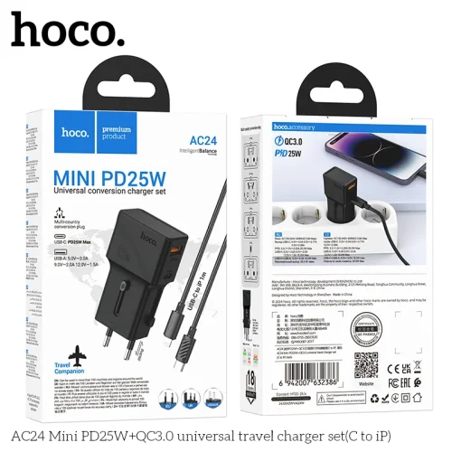 Ổ Cắm Thông Minh Kèm Dây C to iP Hoco AC24 Mini PD25W+QC3.0
