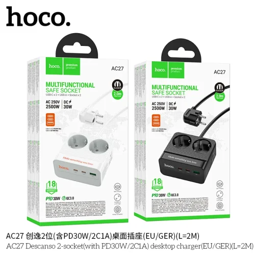 Ổ Cắm Thông Minh Hoco AC27 Descanso 2 cổng PD30W (2C1A) (EU/GER) (L=2M)