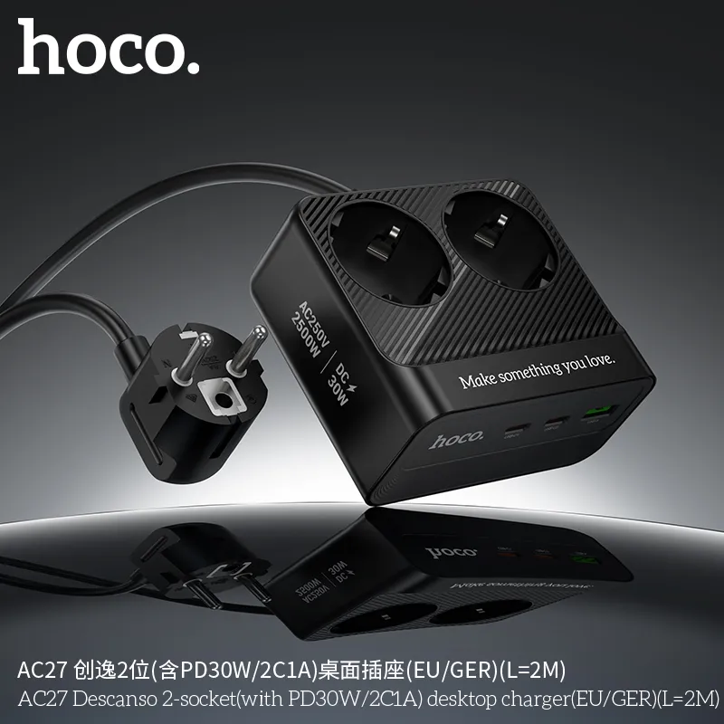 Ổ cắm thông minh Hoco AC27 Descanso 2 cổng PD30W thiết kế hiện đại tiện lợi chuẩn EU/GER