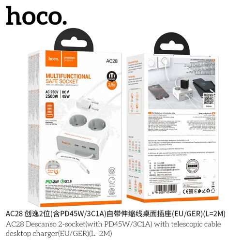 Ổ Cắm Thông Minh Hoco AC28 Descanso 2 cổng PD45W (3C1A) với dây rút (EU/GER) (L=2M)