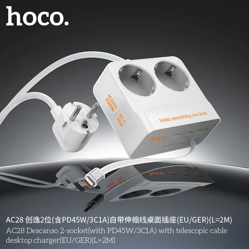Ổ Cắm Thông Minh Hoco AC28 Descanso thiết kế nhỏ gọn hiện đại chống cháy PC+ABS