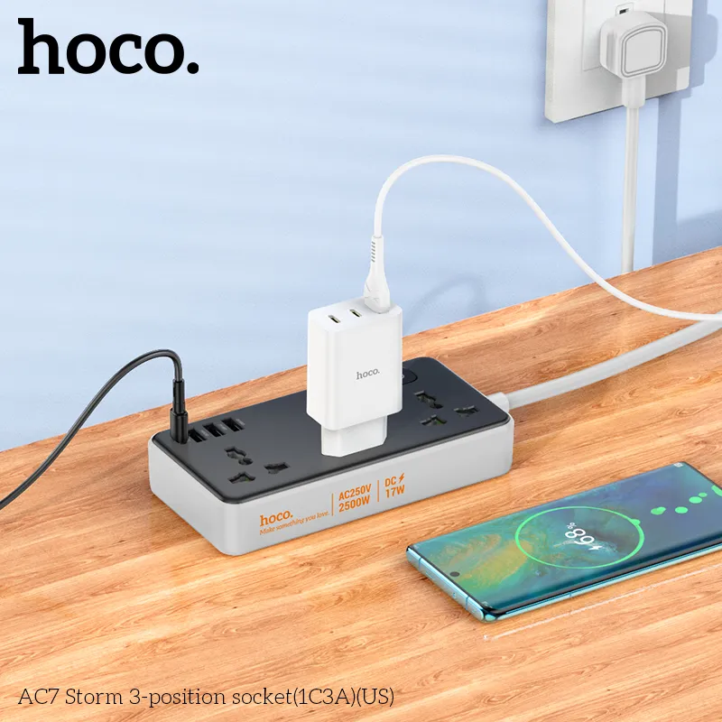 Ổ Cắm Thông Minh Hoco AC7 Storm 3 cổng (1C3A) (US) thiết kế hiện đại tiện lợi
