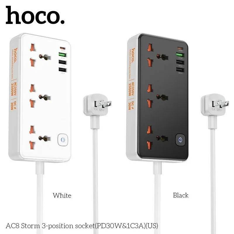 Ổ cắm thông minh Hoco AC8 Storm 3 cổng PD30W, thiết kế hiện đại, tiện lợi sử dụng