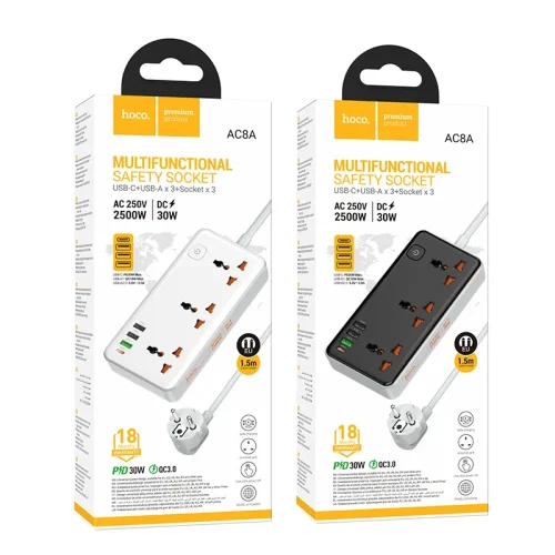 Ổ Cắm Thông Minh Hoco AC8A Storm 3 cổng PD30W (1C3A) (EU) (L=5M)