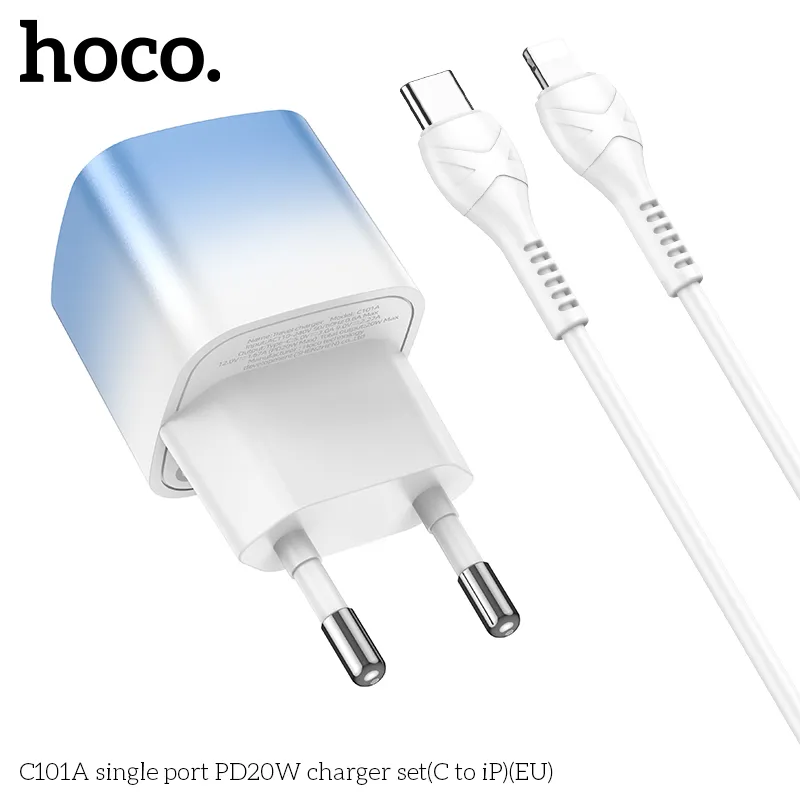Bộ Sạc Kèm Dây C to iP Hoco C101A PD20W (EU) thiết kế nhỏ gọn tiện lợi