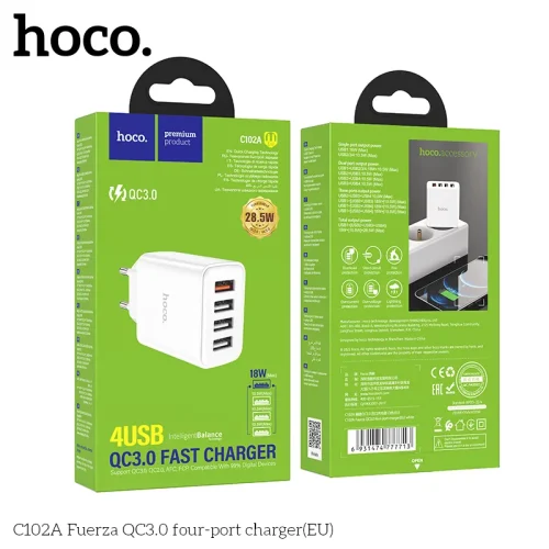 Củ Sạc QC3.0 Hoco C102A Fuerza 4 cổng (EU)
