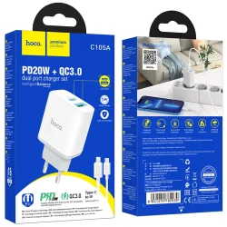 Bộ Sạc Kèm Dây C to iP Hoco C105A Stage PD20W+QC3.0 hai cổng (EU)