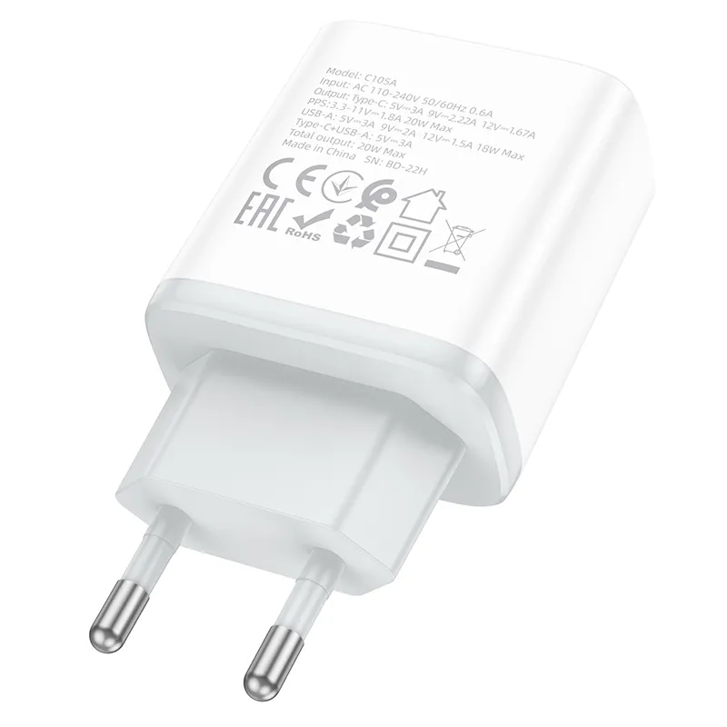 Củ Sạc PD20W+QC3.0 Hoco C105A Stage hai cổng tích hợp công nghệ PD20W và QC3.0 thông minh