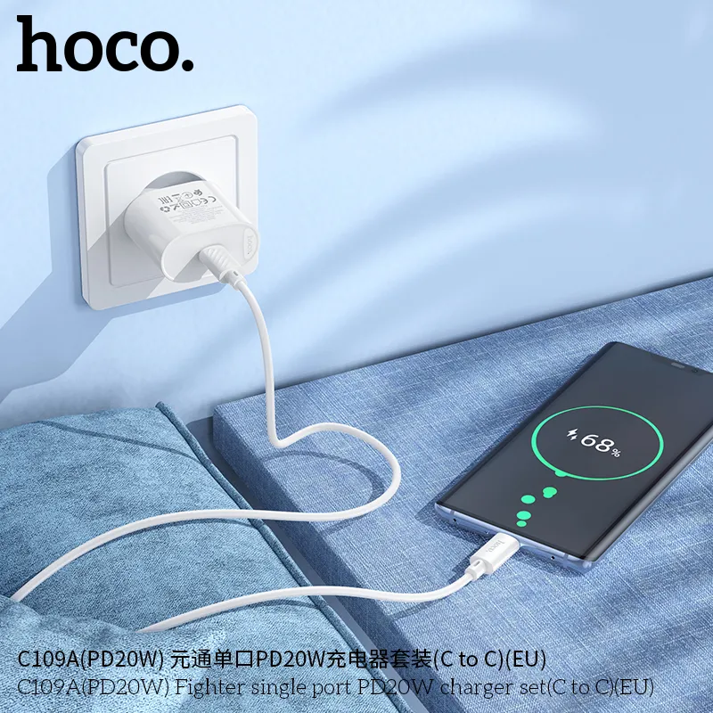 Bộ Sạc Kèm Dây C to C Hoco C109 Fighter PD20W+QC3.0 (US) thiết kế nhỏ gọn đa năng