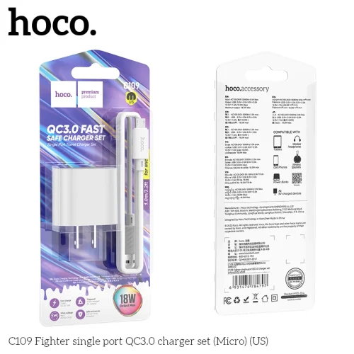 Bộ Sạc Kèm Dây Micro Hoco C109 Fighter QC3.0 (US)