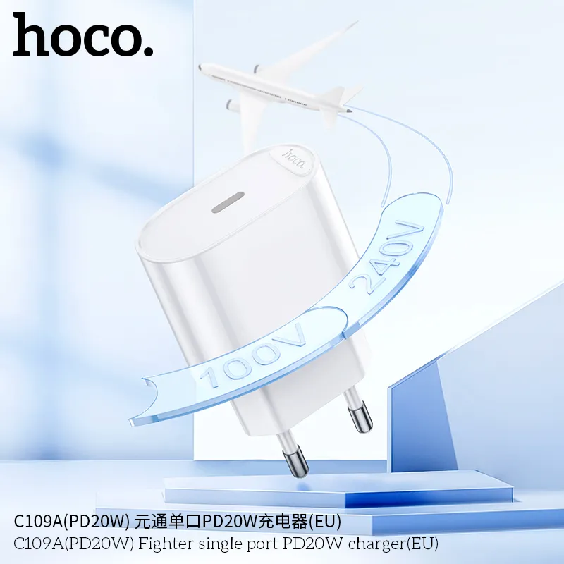 Thiết kế củ sạc PD20W Hoco C109 Fighter (US) với phích cắm chuẩn Mỹ, màu trắng sang trọng