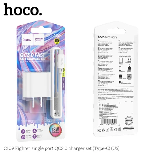 Bộ Sạc Kèm Dây Type-C Hoco C109 Fighter QC3.0 (US)