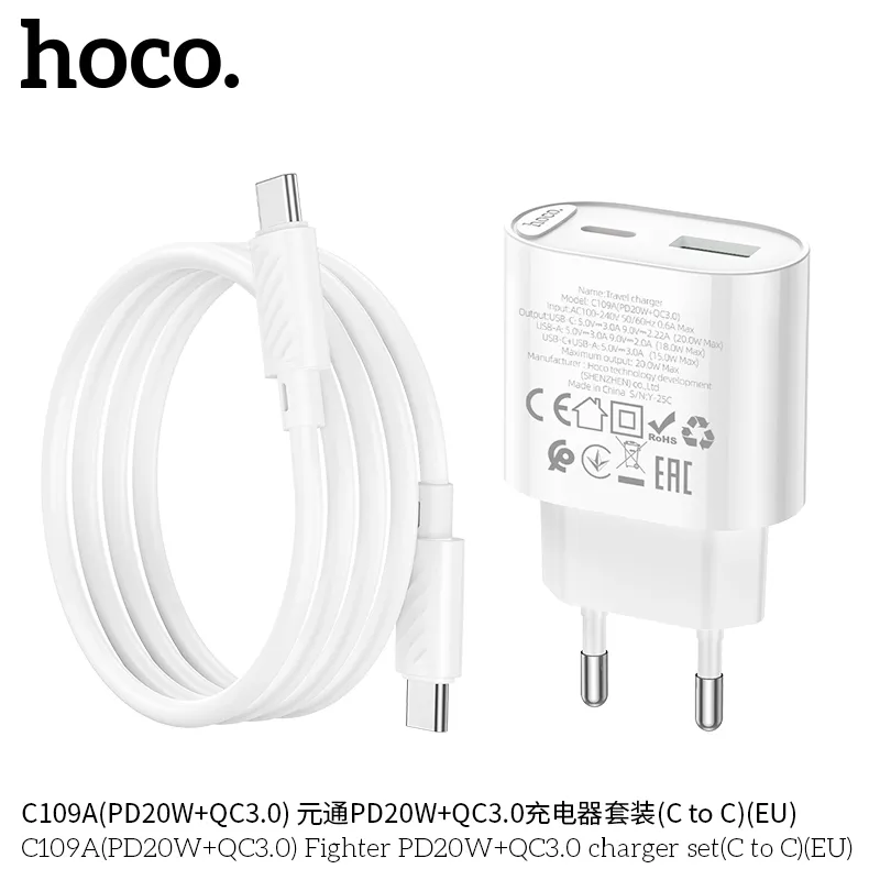 Bộ Sạc Kèm Dây C to C Hoco C109A Fighter PD20W+QC3.0 (EU) thiết kế nhỏ gọn chất liệu ABS