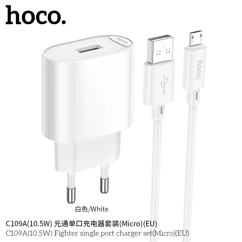 Bộ Sạc Kèm Dây Micro Hoco C109A Fighter 10.5W EU thiết kế nhỏ gọn hiệu quả