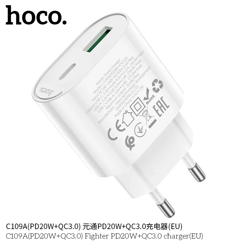 Thiết kế củ sạc PD20W+QC3.0 Hoco C109A Fighter kiểu dáng hiện đại, phích cắm EU chuẩn