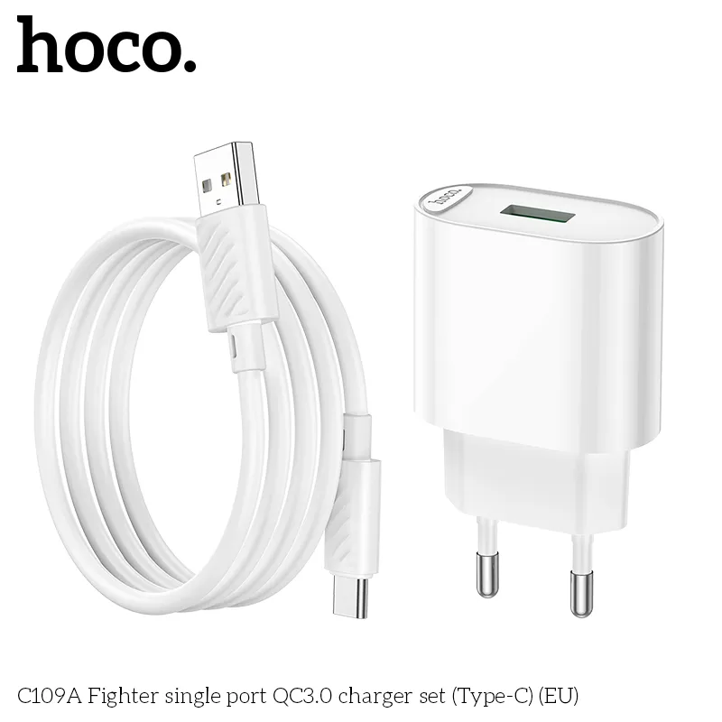 Bộ Sạc Kèm Dây Type-C Hoco C109A Fighter QC3.0 (EU) thiết kế nhỏ gọn tiện dụng
