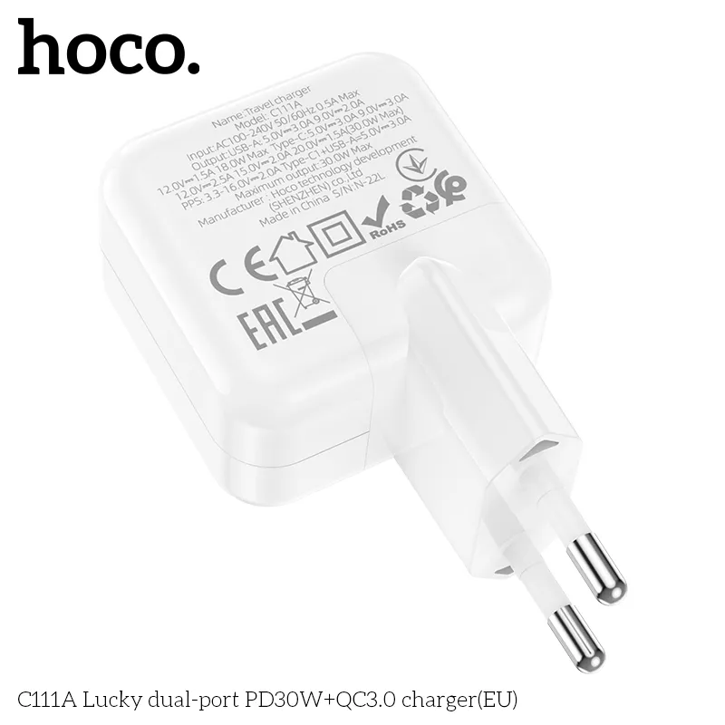 Củ Sạc PD30W+QC3.0 Hoco C111A Lucky hai cổng EU thiết kế nhỏ gọn, hiệu suất cao
