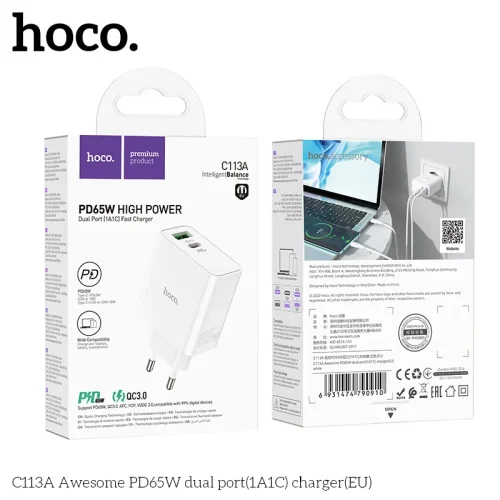 Củ Sạc PD65W GaN Hoco C113A Awesome hai cổng (1A1C) (EU)