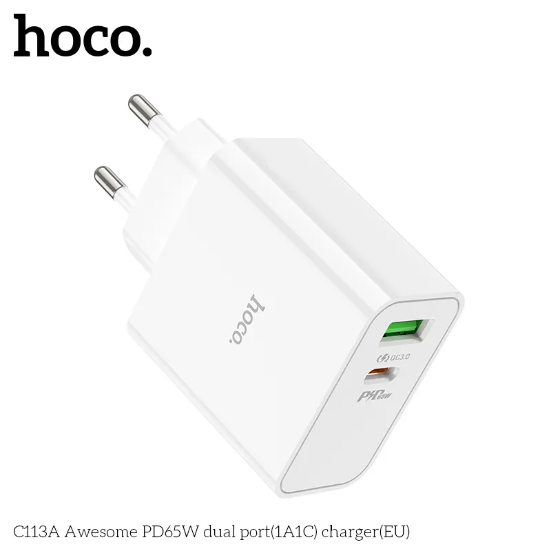Củ Sạc PD65W GaN Hoco C113A Awesome hai cổng (1A1C) (EU) thiết kế nhỏ gọn tiện lợi dễ mang theo