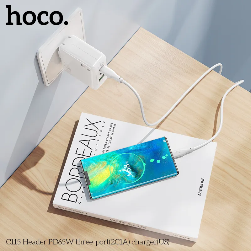 Củ Sạc PD65W Hoco C115 Header 3 cổng US với thiết kế nhỏ gọn hiệu năng cao