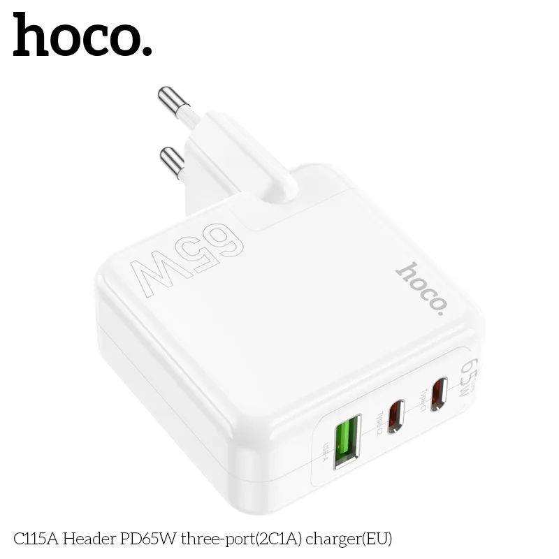 Củ Sạc PD65W GaN Hoco C115A Header 3 cổng thiết kế nhỏ gọn hiện đại