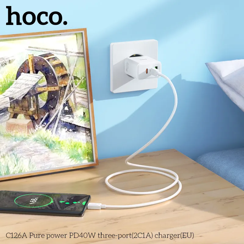 Củ Sạc PD40W Hoco C126A Pure power 3 cổng (2C1A) (EU) hiệu suất cao sạc nhanh, thiết kế nhỏ gọn hiện đại