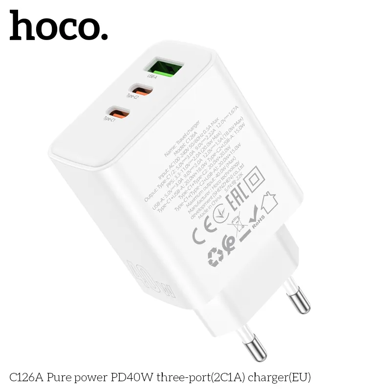 Công suất 40W chia đều cho 3 cổng Type-C và USB-A đa năng sạc nhanh nhiều thiết bị