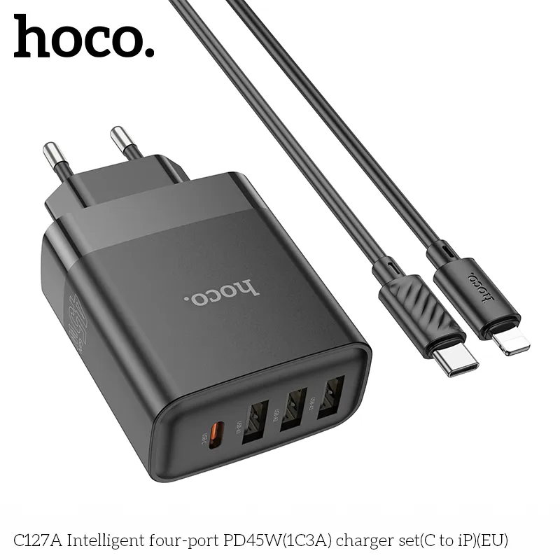 Bộ sạc kèm dây C to iP Hoco C127A Intelligent PD45W 4 cổng EU, thiết kế nhỏ gọn và tiện lợi