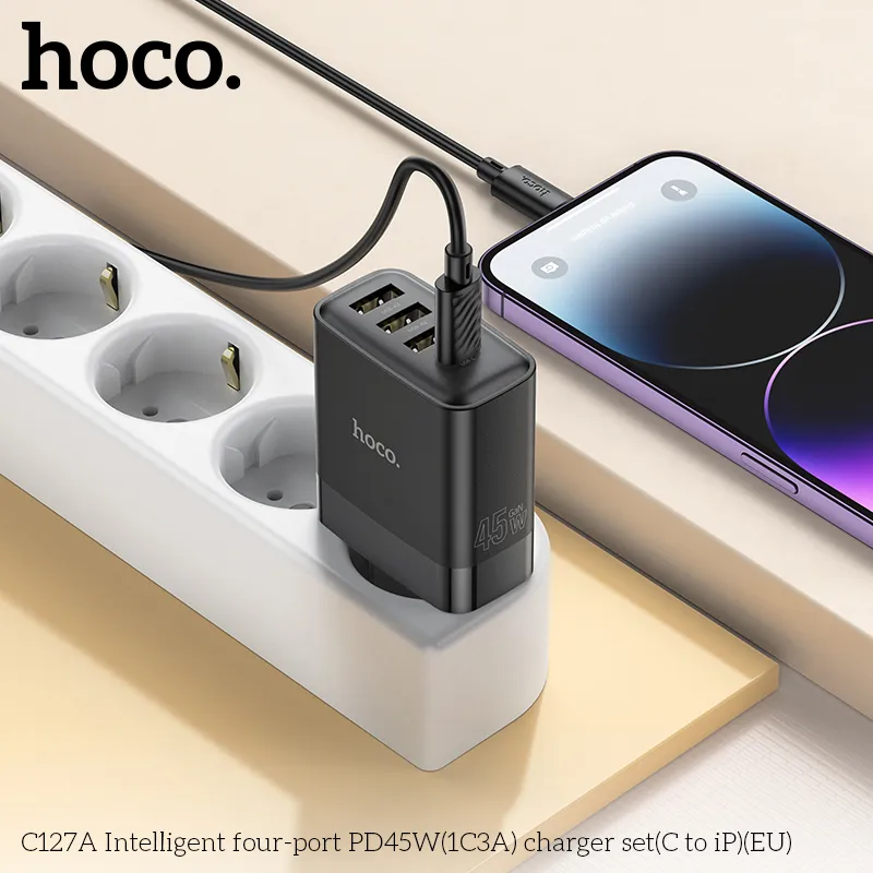 Thiết kế bộ sạc Hoco C127A với 4 cổng và phích cắm EU an toàn