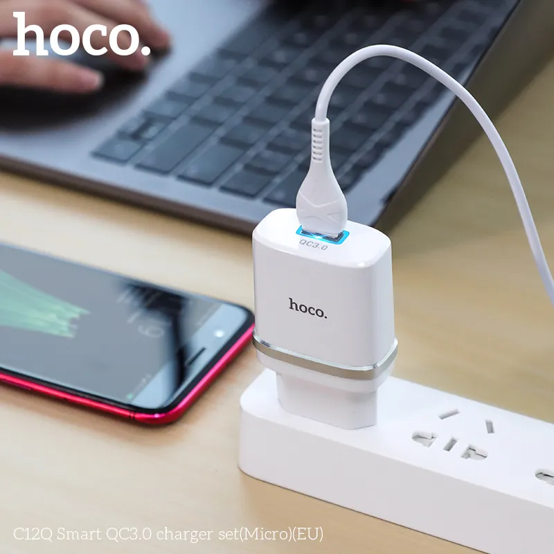 Bộ Sạc Kèm Dây Micro Hoco C12Q Smart QC3.0 (EU) thiết kế nhỏ gọn màu trắng sang trọng