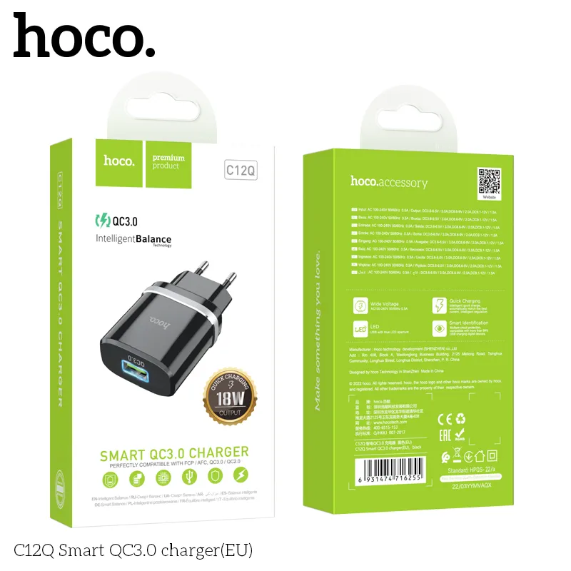 Thương hiệu Hoco uy tín, củ sạc QC3.0 C12Q Smart (EU) chất lượng đảm bảo