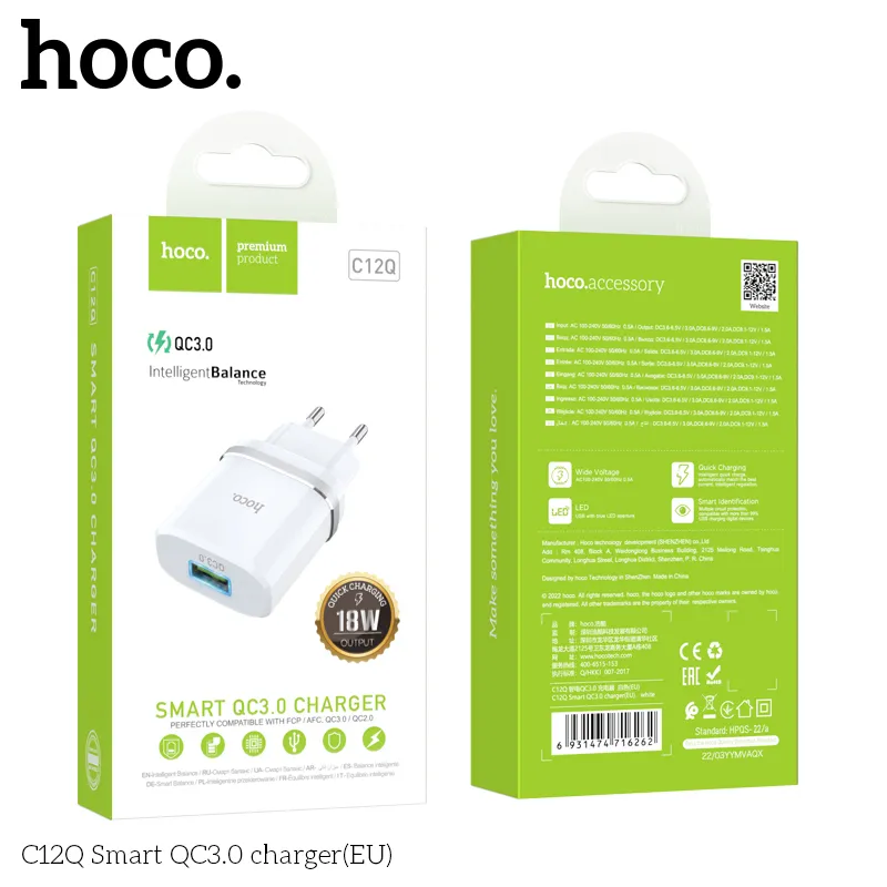 Kích thước củ sạc QC3.0 Hoco C12Q Smart (EU) 86x44x26mm, trọng lượng 42g, chân cắm EU tiêu chuẩn