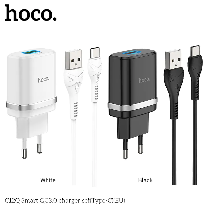 Bộ Sạc Kèm Dây Type-C Hoco C12Q Smart QC3.0 (EU) thiết kế nhỏ gọn tiện lợi