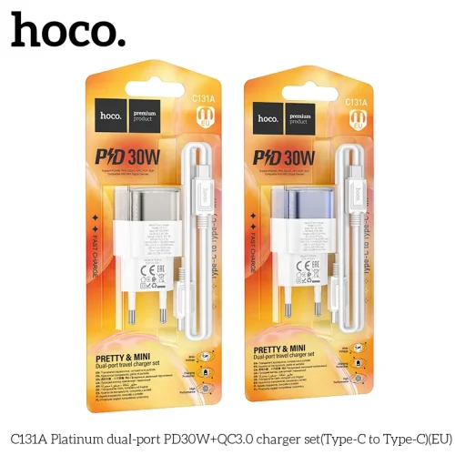 Bộ Sạc Kèm Dây Type-C Hoco C131A Platinum PD30W+QC3.0 hai cổng (EU)