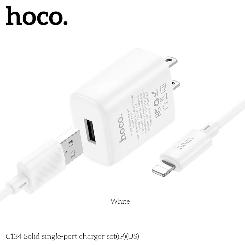 Bộ Sạc Kèm Dây iP Hoco C134 Solid (US) kiểu dáng hiện đại, màu sắc tinh tế
