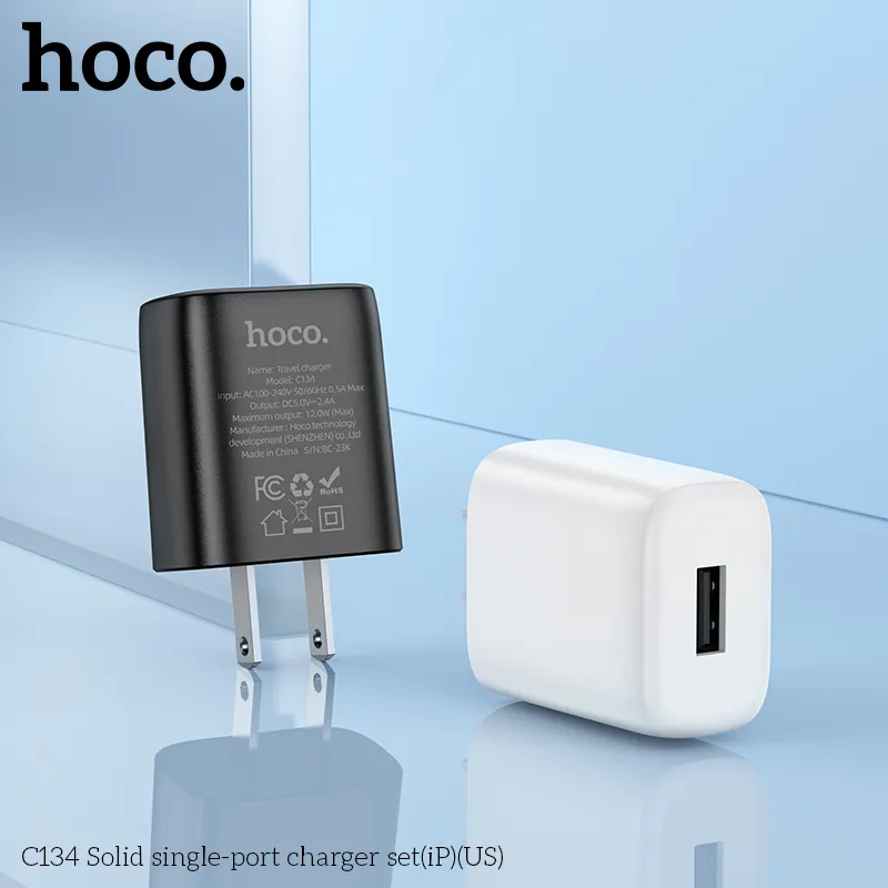 Tính năng Bộ Sạc Kèm Dây iP Hoco C134 Solid (US) gồm cáp 1m, phích cắm chuẩn Mỹ