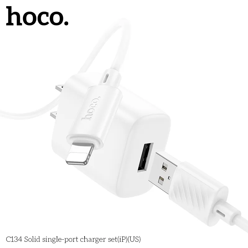 Kích thước nhỏ gọn 60x38x25mm, trọng lượng 52g của Bộ Sạc Kèm Dây iP Hoco C134 Solid (US)